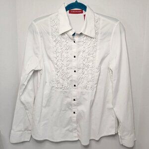 Womens White Long-Sleeve Button-Up Shirt With Ruffle Front & Black Buttons